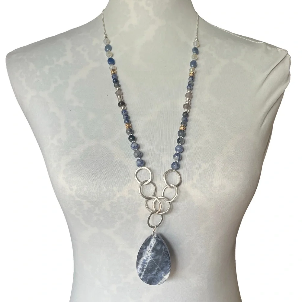 Statement Gemstone Beaded Necklace with Sodalite Pendant, Beads & Silver Rings